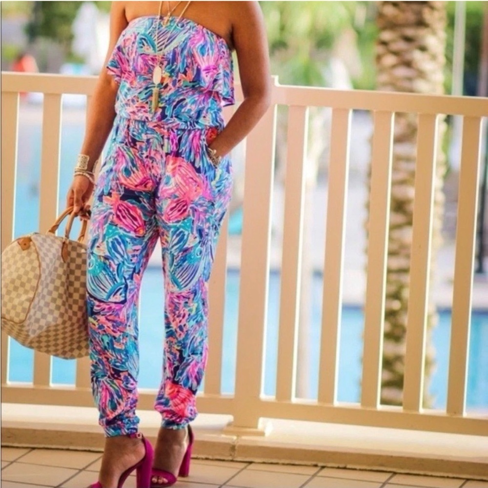 Lilly Pulitzer Strapless Ailsie Jumpsuit True Blue Seas Of the Day Size XXS